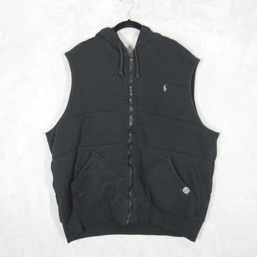 Polo Ralph Lauren Mens XXL Black Hooded Puffer Vest Full Zip Cotton Blend Pony